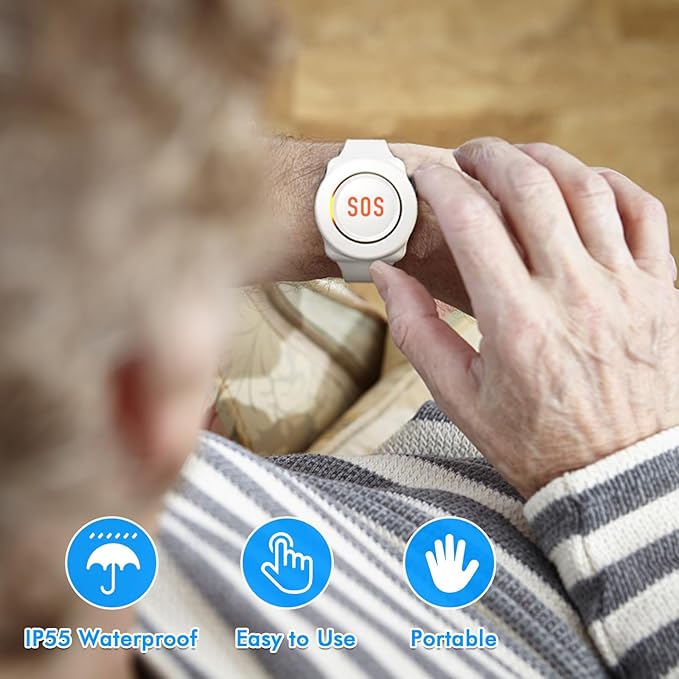 Daytech Wireless Wrist Pager Caregiver Call Button in Home System Watch Alarm Nurse Personal Help Alert for Patients Elderly 2 Watch Call Buttons 2 Plugin Receivers