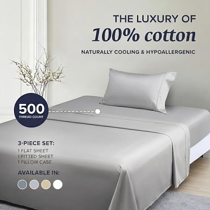 Beckham Hotel Collection Twin Sheet Set 100% Cotton, 500TC Luxury Sateen Bedding, 16” Deep Pocket, Moisture-Wicking, 3-Piece, Gray