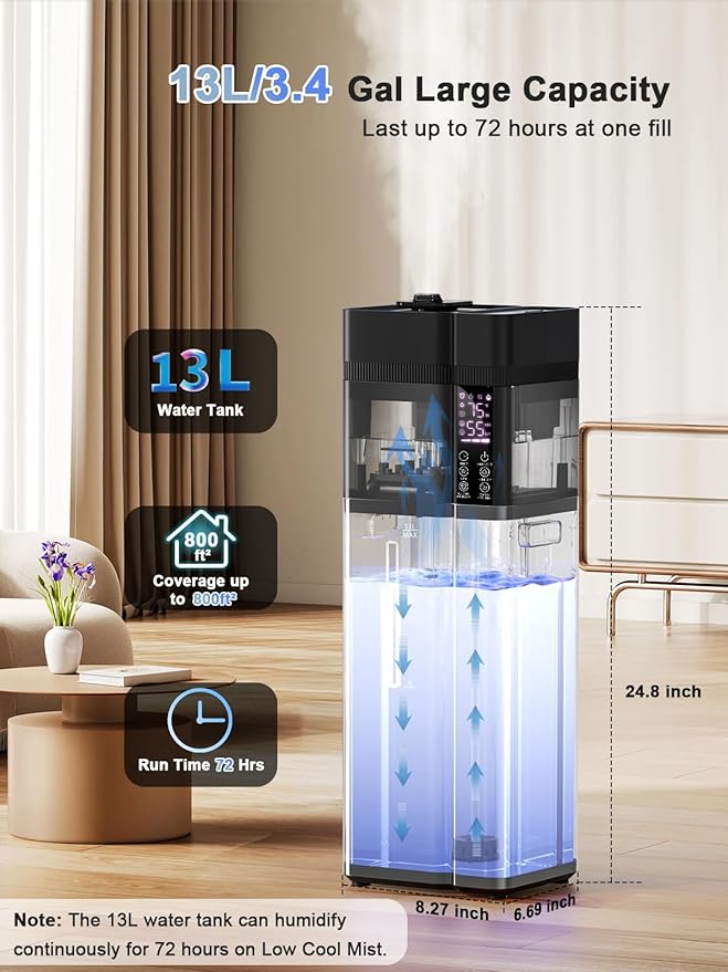 Zeova 13L/3.4Gal Humidifiers for Bedroom, Ultrasonic Warm & Cool Mist Humidifier Large Room, Covers 800ft², 72H Runtime, 24H Timer, 3 Mist Modes Top Fill Quiet Humidifiers for Home, Office, Black