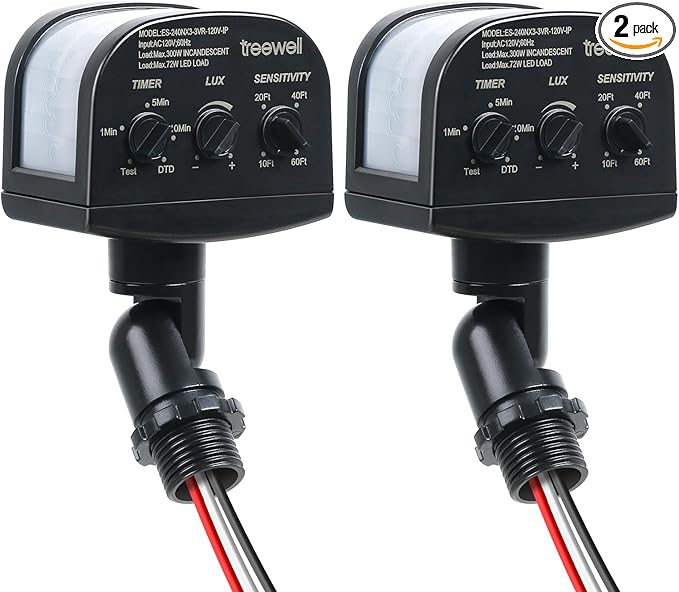 TREEWELL 2 Pack 240-Degree Replacement Motion Sensor, Adjustable LUX(5-300) & Time & Detection Sensitivity Up to 60 Feet Range, 3 Working Modes Outdoor Motion Detector for Security Floodlight, Black