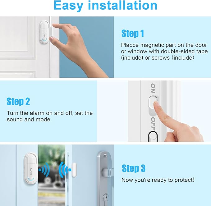 Sanjie Pool Door Alarms for Kids Safety/Home Security/Dementia,Wireless Door Alarms When Opened,Window Alarm sensors,0-120dB Volume Adjustable,4 Working Modes,2 Sensors 1 Remote Control