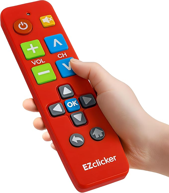 EZclicker Plus Big Button Universal TV Remote (Red) Simple Easy to Use, Works with Major TV Brands (2xAAA Batteries Not Included)