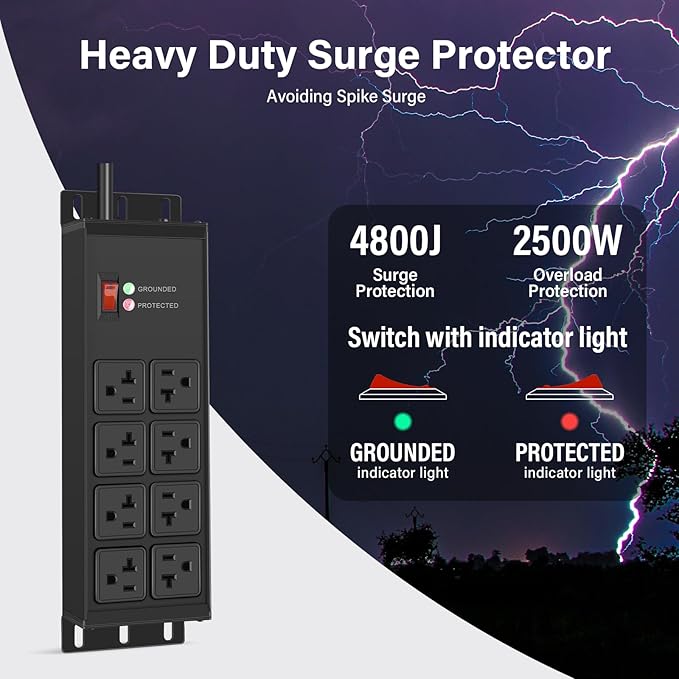 CCCEI Magnetic Heavy Duty Power Strip Surge Protector 20Amp, 12 Gauge High Amp Extension Outlets, Garage Wall Mount 8 Plug Metal Power Strip. 10FT, Black, 5-15P Adapter 6-20R T-Slot 20a for Appliance