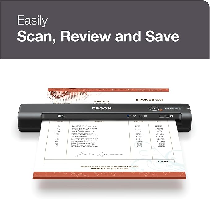 Epson Workforce ES-60W Wireless Portable Sheet-fed Document Scanner for PC and Mac 10.7" x 1.9" x 1.4"