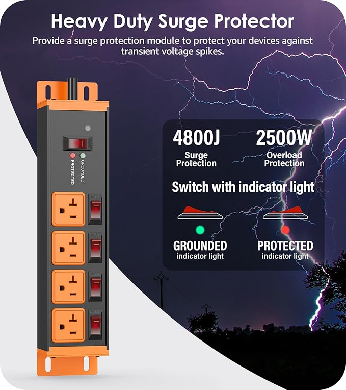 CCCEI Heavy Duty Surge Protector Power Strip 20 Amp Individual Switches. 12FT 12 Gauge Extension Cord with Multiple Outlets. Kitchen, Garage, Shop, Industrial Wall Mount Electric Extender, Orange.