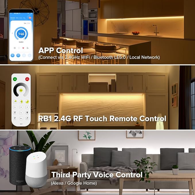 BTF-LIGHTING SP530E WiFi Alexa Bluetooth Controller 4 Zones 2.4GHz Dimming RF RB1 Remote Kit Support FCOB COB SMD PWM or SPI Single Color LED Strip WS2811 IC etc DC5V DC12V DC24V