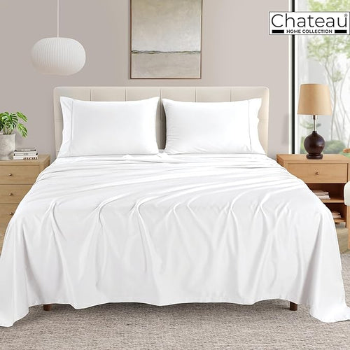 100% Egyptian Cotton Sheets Full Size Bed Set, Deep Pocket Full Sheet Set, 400 Thread Count Cotton Bed Sheets, Naturally Cool Soft Breathable No Pill Elasticated Luxury White Bedding for All Seasons