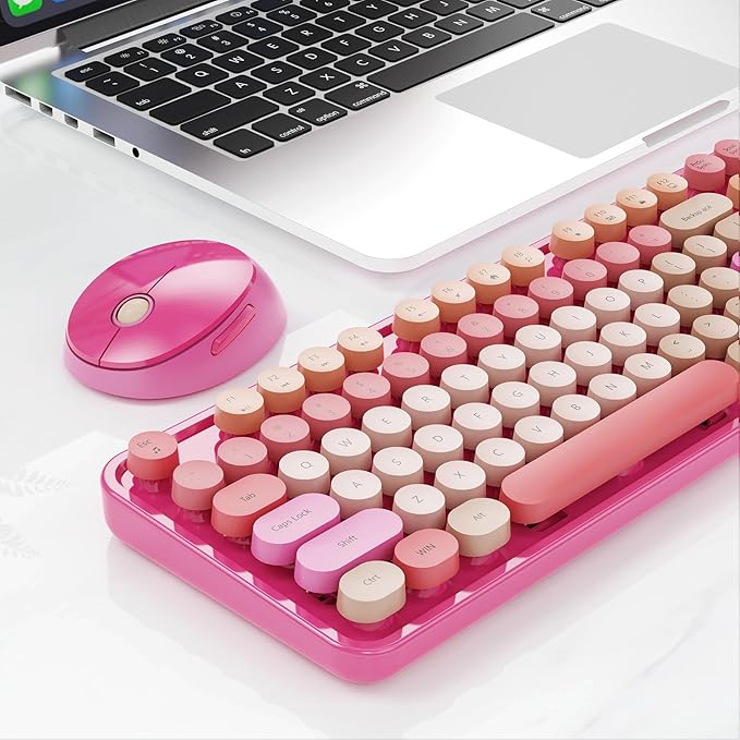 Nowlike Wireless Keyboard and Mouse Combo, Retro Typewriter Keyboard with Round Keycaps, Full-Size Ergonomic, Red, Ideal for Windows PC, Home, Office, and College, Wireless Keyboard Mouse Combo