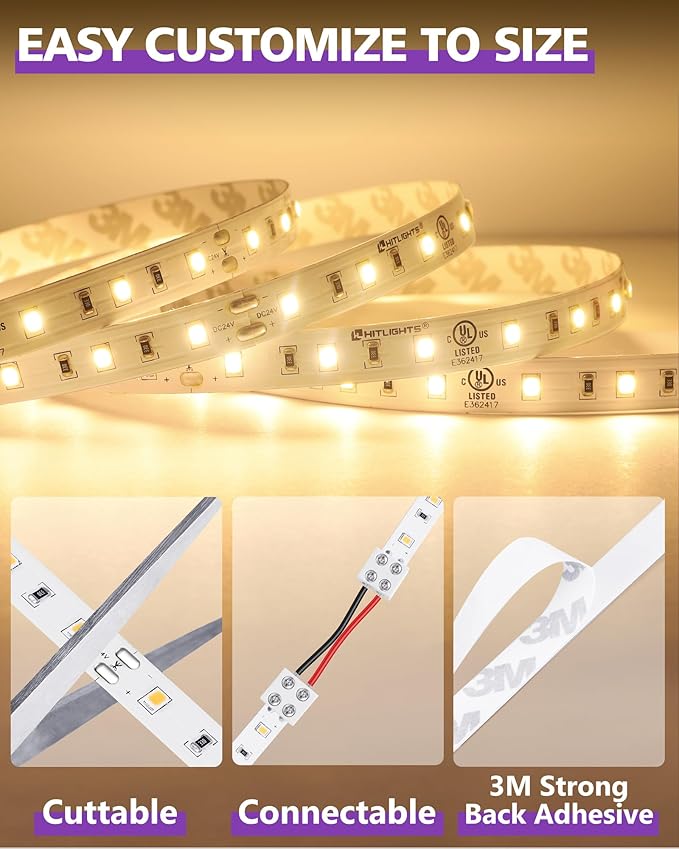 HitLights 24V LED Strip Lights Warm White 3000K, 26.2ft Cuttable Tape Backed 3oz PCB, UL Listed, 1325 Lumen/m, CRI>95, IP20, Lighting for Bedroom, Kitchen, Under Cabinets (Power Source Not Included)