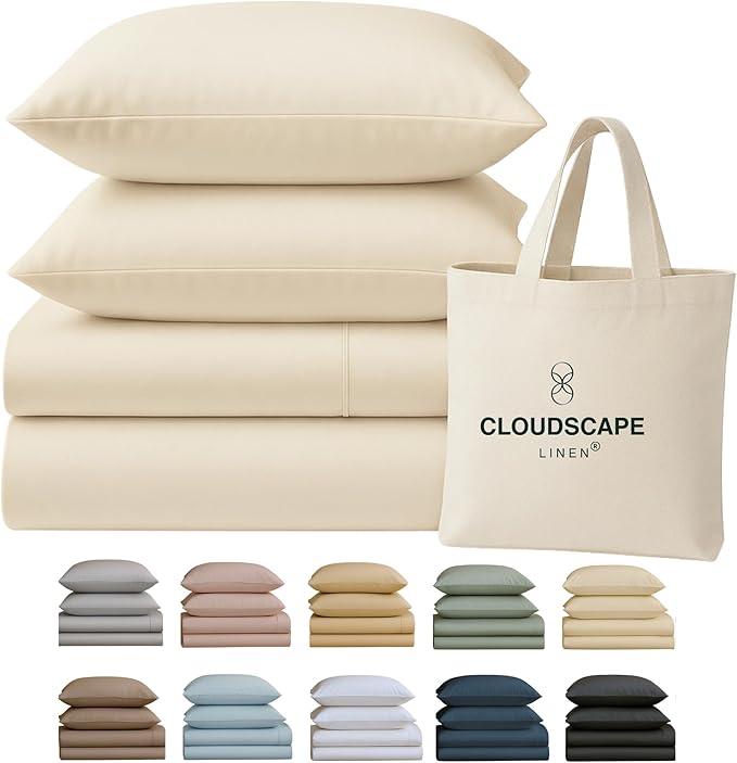 Cloud Scape Linen 100% Egyptian Cotton Sheets Full Size, 4 Pieces Luxury Bedding Set, 400 Thread Count,Hotel Quality, Silky Soft, Deep Pockets up to 17, Ivory