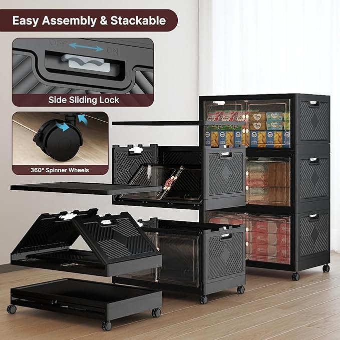 360Qt Stackable Storage Bins with Lids, 3 Pack Large Collapsible Bins with Wheels, Plastic Cabinet with Doors, Foldable Closet Organizers and Storage for Home, Dorm, Office, Black