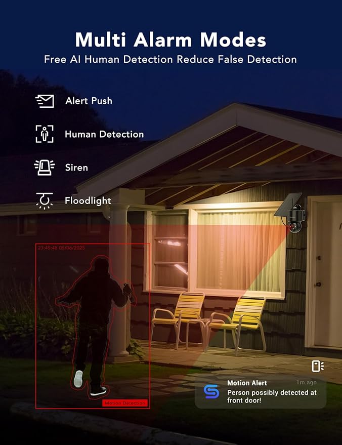 FAMVIVA 2K Solar Security Cameras Wireless Outdoor, 360°PTZ Battery Powered Cameras for Home Security, 2.4G WiFi Outdoor Camera with Color Night Vision, IP66 Waterproof, Motion Sensor Alarm, Black-4P