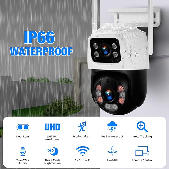 Fuers 6MP Wireless Security Camera, Surveillance Cameras Dual Lens Linkage,360°View,Human Detection,Auto Tracking,Light Alarm,Night Vision,Two-Way Audio,Outdoor Indoor IP66 WiFi Camera