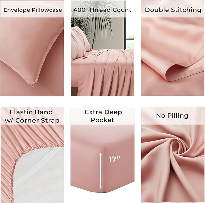 Luxury Bamboo Market | King Size Bed Sheet Set | 100% Viscose Made from Bamboo | Organically Grown | Ultra Soft | Cooling Sheets for Hot Sleepers | 17" Deep Pocket [Rose Quartz]