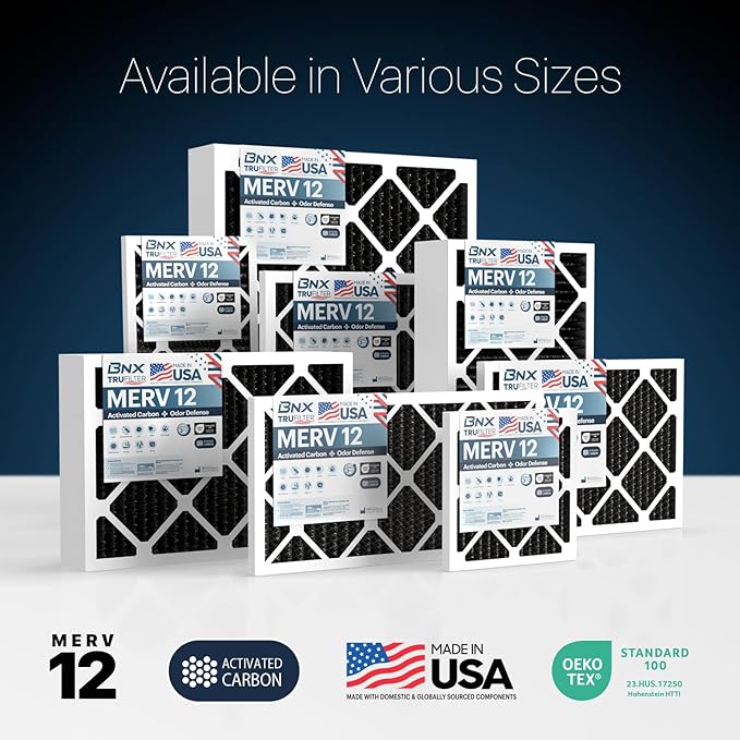 BNX TruFilter 14x24x1 MERV 12 Odor Defense (2-Pack) AC Furnace Air Filter with Activated Carbon - MADE IN USA - Pleated Air Conditioner HVAC AC Furnace Filters - Removes Odor, Mold, Bacteria, Smoke