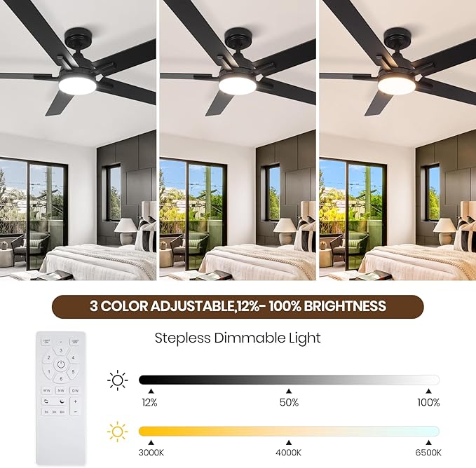 SODSEA Ceiling Fans with Lights, 52 Inch Black Ceiling Fan with Light and Remote Control, Reversible, 3CCT, Dimmable, Noiseless, Small Ceiling Fan for Bedroom, Indoor/Outdoor Use
