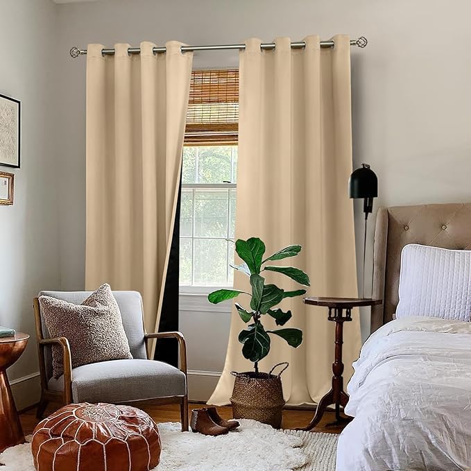 BGment Thermal Insulated 100% Blackout Curtains for Bedroom with Black Liner, Double Layer Full Room Darkening Noise Reducing Grommet Curtain (55 x 96 Inch, Beige, 2 Panels)