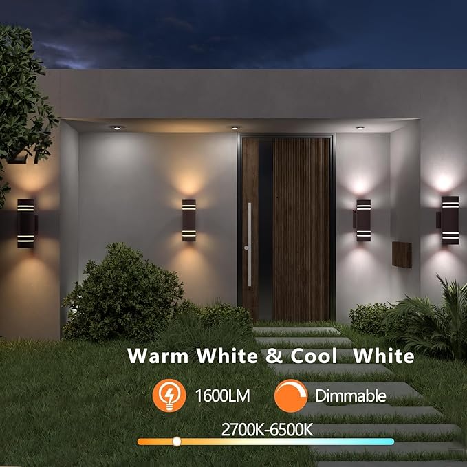 rosykite Smart Outdoor Wall Lights Color Changing 2 Pack, RGB+2700K-6500K Modern Exterior Lighting Fixtures Cylinder Outside Wall Sconce with Glass, WiFi APP Control Up Down Outdoor Porch Lights