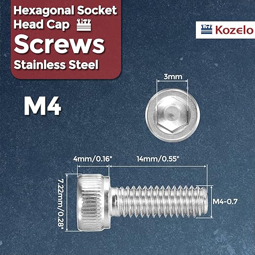 Kozelo 100pcs Socket Head Cap Screws - [M4-0.7 x 14mm] 304 Stainless Steel Allen Socket Drive for Electrical Motor 3D Printing Fan Engine Replacement Use, Silver