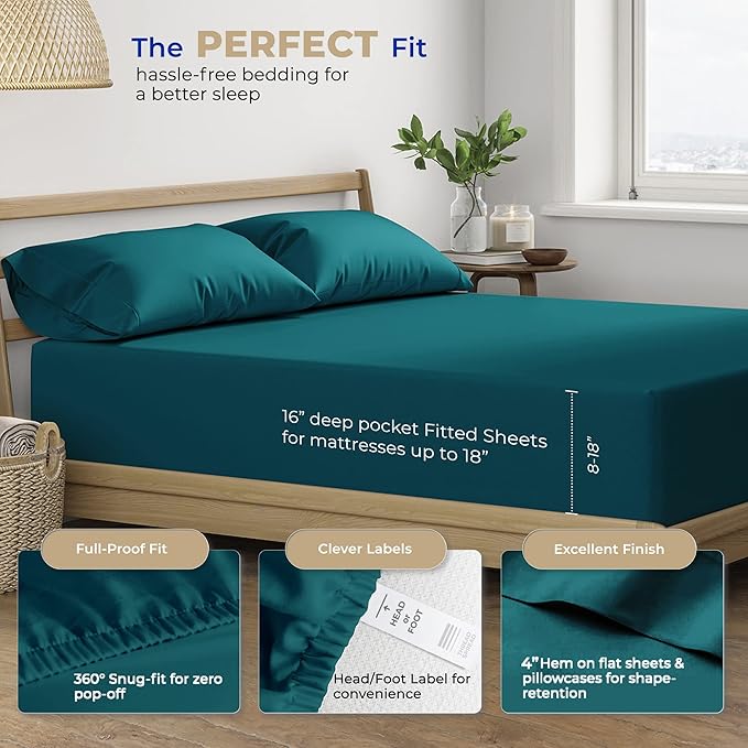 THREAD SPREAD 400 Thread Count California King Cotton Sheets - 4 PC Cal King Size Bed Sheet Set Cotton (Teal), Soft, Cooling, Sateen Weave Hotel-Quality 16" Deep Pocket Bedsheet for Hot Sleepers