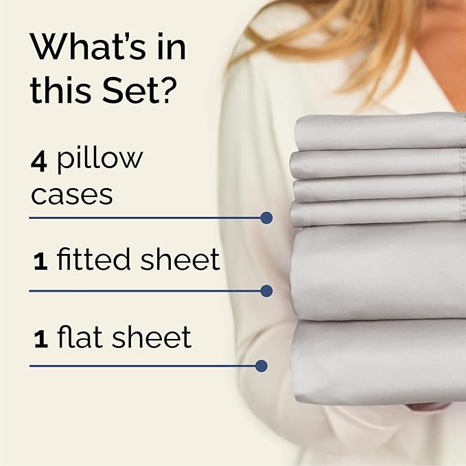 Queen 6 Piece Sheet Set - Cooling, Comfy & Breathable - Hotel Luxury Bedding, Includes Fitted Sheet for Women, Men, Kids & Teens - 1 Flat, 1 Fitted Sheet, 4 Pillowcases w/Deep Pockets - French Grey