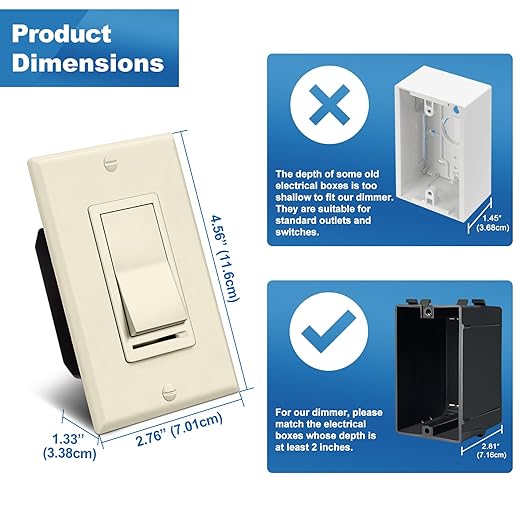 BESTTEN 6 Pack Dimmer Wall Light Switch, Compatible with Dimmable LED, CFL, Incandescent and Halogen Bulb, Single Pole or 3-Way Dimmer Switches, 120VAC, Decorator Wallplate Included, Almond