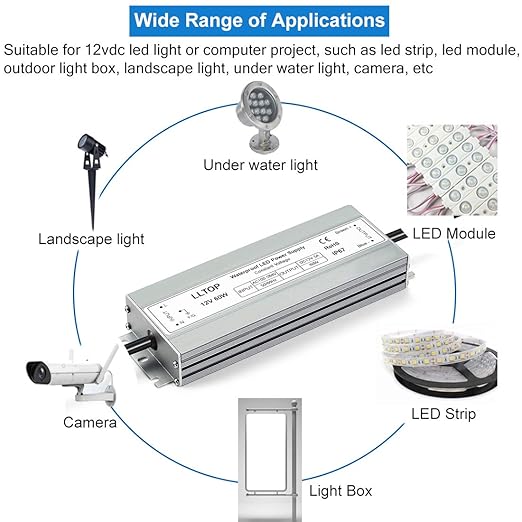 LLTOP LED Driver 60 Watts Waterproof IP67 Power Supply AC100-264V to 12V DC 5A Low Voltage Transformer Ultra Thin Adapter for Outdoor LED Lights, Computer Project