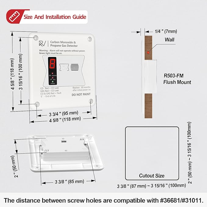 RV Carbon Monoxide and Propane Detector, 2 in 1 Dual CO/LP Gas Alarm,Replace The Old 31011,100dB Loud Alarm,12V DC for Motorhome Travel Trailer, Motor Coach, Truck Camper (R503 Flush Mount-White)