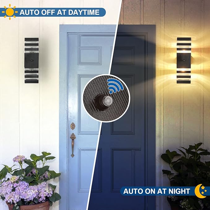 Delicavy Dusk to Dawn Sensor Outdoor Wall Lights Up Down Porch Lights Modern Exterior Light Fixtures Photocell Waterproof Black Aluminum Housing for Front Porch, Patio, Garage (Use Two E26 Bulbs)
