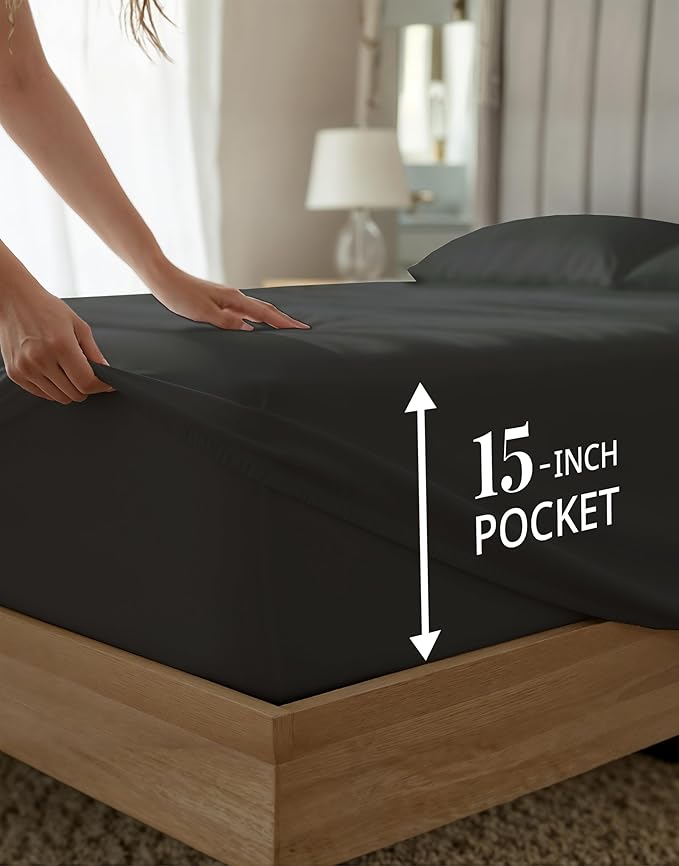 LANE LINEN 100% Egyptian Cotton Cal King Sheets- 1000TC Long Staple Mercerized Cotton No Pill Fade Resistant Silky Sateen Weave for Soft & Comfy Good Night Sleep, Deep Pocket Fits 15" Mattress-Black