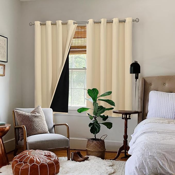 BGment Short 100% Blackout Curtains for Bedroom, Thermal Insulated Energy Efficiency Noise Reducing Grommet Curtains 45 Inch Length with Liner for Small Window 2 Panels Each 52 Inch Wide, Natural