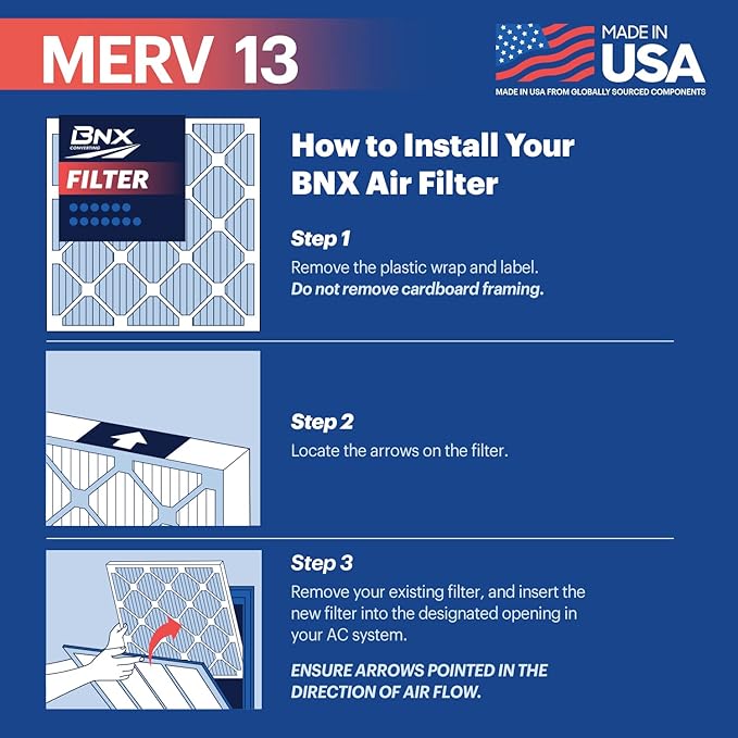 BNX TruFilter 14x25x1 MERV 13 (2-Pack) AC Furnace Air Filter - MADE IN USA - Electrostatic Pleated Air Conditioner HVAC AC Furnace Filters - Removes Pollen, Mold, Bacteria, Smoke