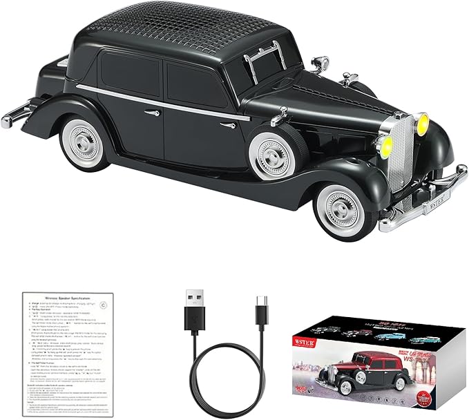 WS-1934 Retro Classic Car Bluetooth Replica Speaker – Wireless HD Sound with FM Radio,TWS Stereo,LED Party Lights,Built-in Microphone Hands-Free Call, Surprise Portable Gift for Party Use(Black)
