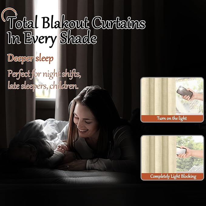 45 Inch Length Linen Blackout Curtains for Short Cafe Window, Thermal Insulated Light Blocking Soundproof Privacy Burlap Curtains 2 Panels, Each 38 Inch Wide Cream