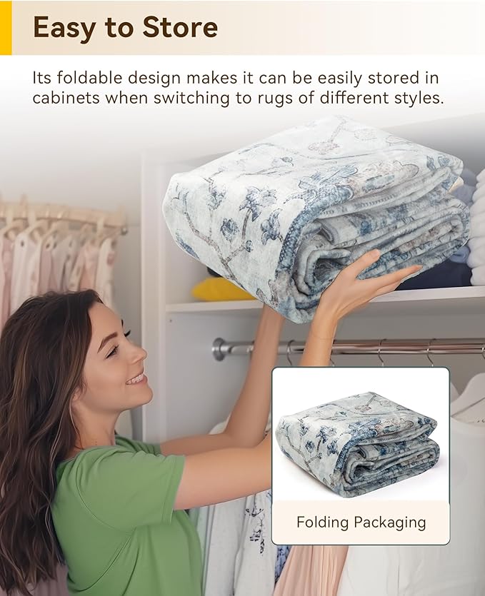 Area Rugs 10'x14' Washable Non-Slip, Floral Vintage Distress Print Pattern Medallion Carpet for Living Room Bedroom Dining Room, Light Blue Navy Beige Gray White