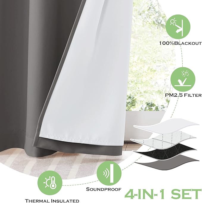 KGORGE 4-in-1 Soundproof Anti Dust 100% Blackout Curtains with Melt-Blown Layer Thermal Insulating Window Treatment Drapes for Living Room Bedroom Kis Nursery, W 52 x L 84, Grey, 2 Panels