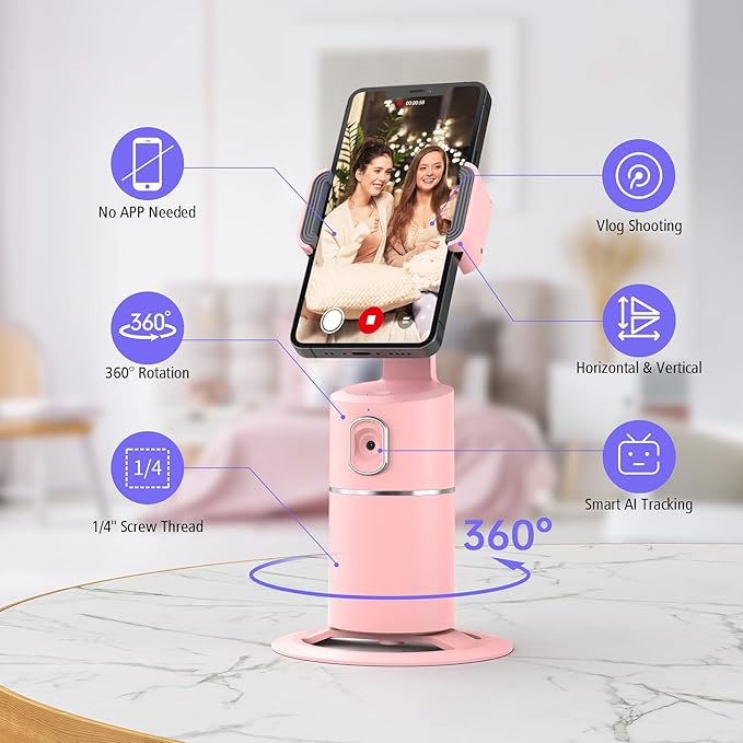 camrola Auto Face Tracking Phone Holder, No App Required, 360° Rotation Face Body Phone Tracking Tripod Smart Shooting Camera Mount for Live Vlog Streaming Video, Rechargeable Battery-Pink