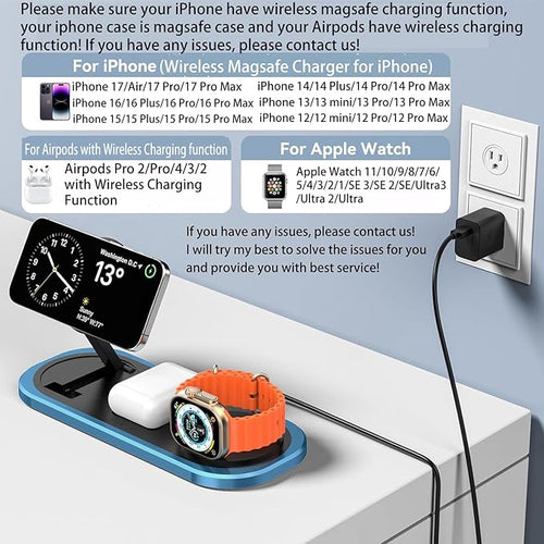 3 in 1 Fast Wireless Charger Stand for iPhone, Foldable Travel Charging Station for Magsafe for iPhone 17/Air/16/15/14/13/12 Series, Apple Watch Series, AirPods pro/2/3/4, 2025 Christ mas Gifts (Blue)