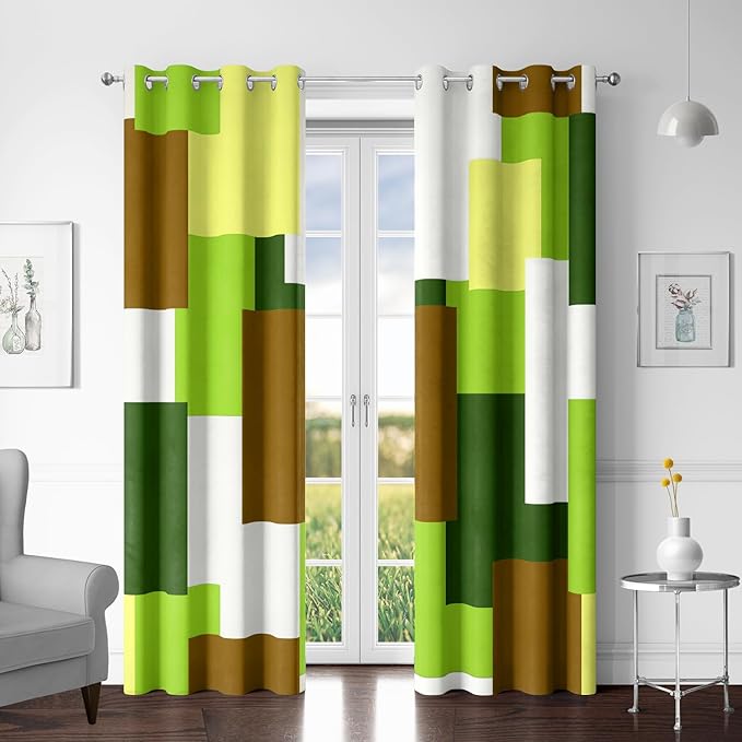 Avocado Green 100% Blackout Curtains for Bedroom 96 inch Long 2 Panels Set White Modern Abstract Geometric Black Out Curtains Insulated Room Darkening Window Drapes for Living Room, 52Wx96L
