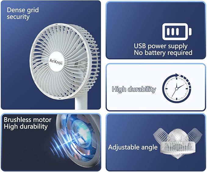 AriKroii USB Desk Fan with Adjustable Tilt 90 Rotation,Ultra-quiet but High Efficient, 3 Speeds Wind Cooling Fan Desktop Consoles with USB Charging, for Cooling Home Office Car Summer Travel