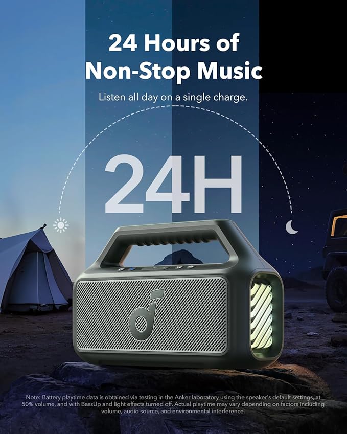 Soundcore Boom 2 by Anker, Outdoor Speaker, 80W, Subwoofer, BassUp 2.0, 24H Playtime, IPX7 Waterproof, Floatable, RGB Lights, USB-C, Custom EQ, Bluetooth 5.3, Portable for Camping and Beach - Green