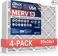 BNX TruFilter 20x24x1 Air Filter MERV 13 (4-Pack) - MADE IN USA - Electrostatic Pleated Air Conditioner HVAC AC Furnace Filters for Allergies, Pollen, Mold, Bacteria, Smoke, Allergen, MPR 1900 FPR 10