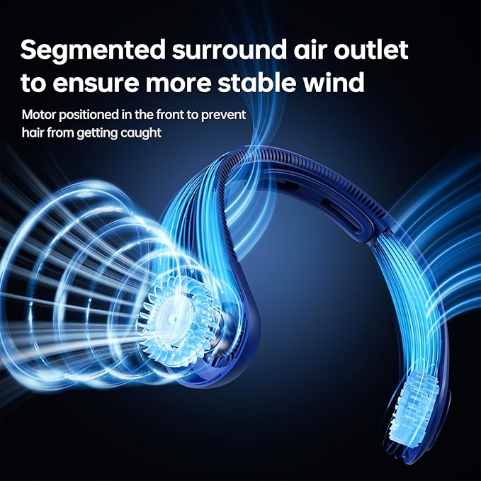 JISULIFE Portable Neck Fan Upgraded, Neckbrace Personal Hands Free, 5 Speed Gears Adjustment, 6000 mAh Wearable Bladeless Quiet Rechargeable for Outdoor Indoor, Gifts for Women Men- Dark Blue