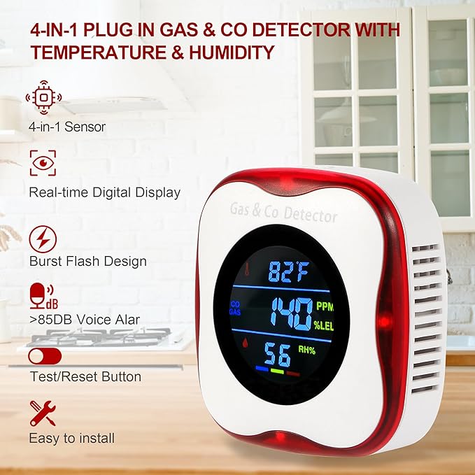 Plug in Gas & Carbon Monoxide Detector,4-in-1 Natural Gas Leak Detector,Carbon Monoxide Alarm,°F&Humidity,Combination CO & Propane Detector for Home,RV