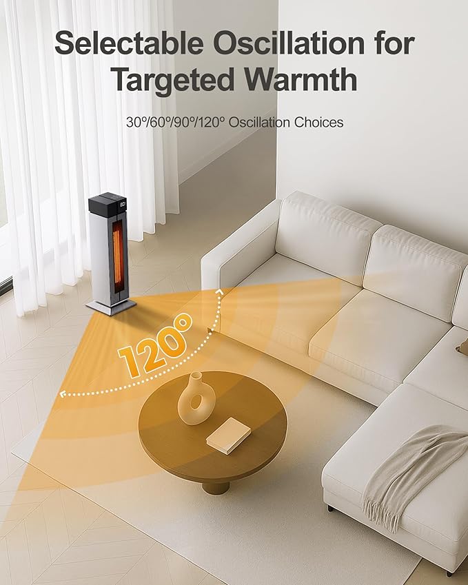 ComDomus Electric Heaters for Indoor Use, 25” Space Heater Large Room with 120° Oscillation, 3 Heat Levels, 3 Modes, Multiple Safety Protections, 12H Timer, Silver Ceramic Tower Heater for Bedroom