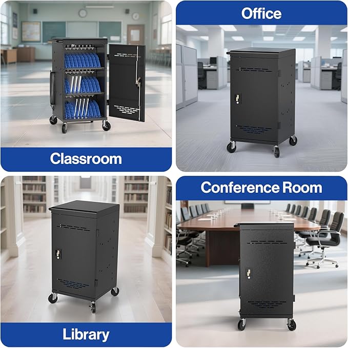 Fully Assembled 30 Unit Device Charging Station for Chromebook, iPad, 14'' Laptop - Charging Cart with Charger Cable Management, Circuit Breaker, Grounding Protection