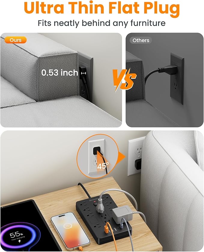 Bawmwim Surge Protector Power Strip - 11 Outlets(1850W/15A) with 6 USB Ports(2 USB C), 10FT Flat Plug Extension Cord, Wall Mount, Black, ETL Listed for Home, Dorm Room