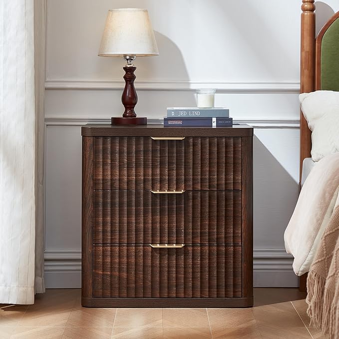 LEYAOYAO 23" Wide Fluted Farmhouse Night Stand Set of 2 with Charging Station, 3 Drawers Large End Table w/Metal Handle, Walnut Nightstand Bedside Table,Wood Dresser for Bedroom, Closet