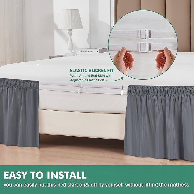 Biscaynebay Wrap Around Bed Skirts with Split Corners for King Beds 15" Drop, Dark Grey Adjustable Elastic Dust Ruffles Easy Fit Wrinkle Resistant Silky Luxurious Fabric Machine Washable