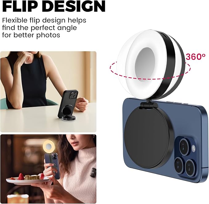 Selfie Light, Selfie Light for iPhone, Portable Phone Ring Light for Video Recording, Adjusted 4 Modes, Rechargeable Fill Light for Selfies, Photography, Makeup, Vlogs, TikTok, Video（Black）